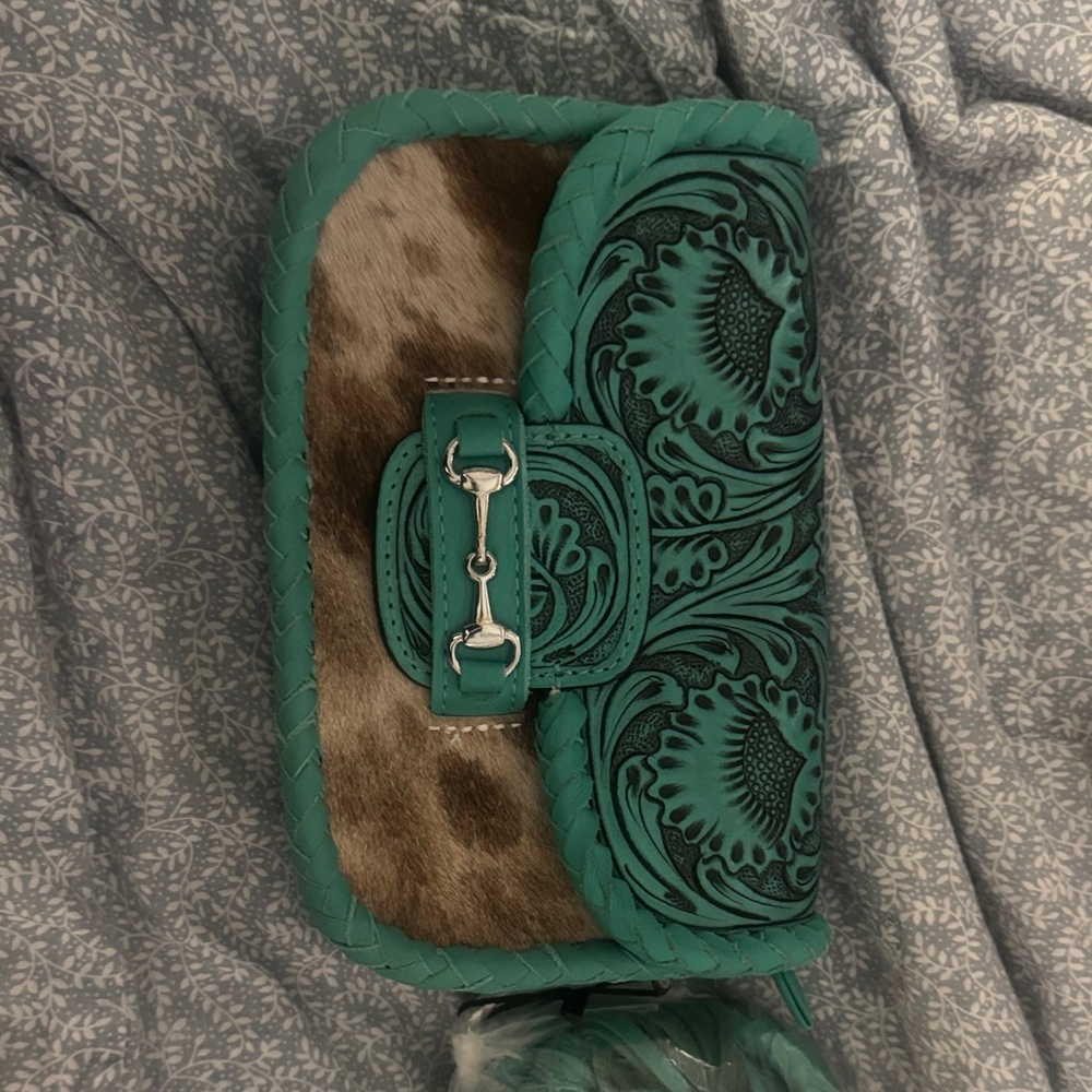 Western Turquoise Floral Embossed Women's Bag